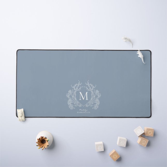 Monogramme de crête florale bleu foncé classique (Tableau pour enfants)