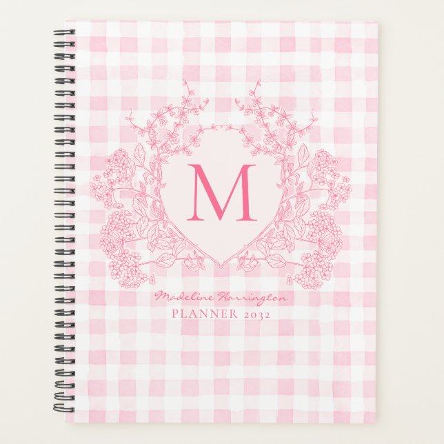 Monogramme de crête florale rose En vichy (Devant)