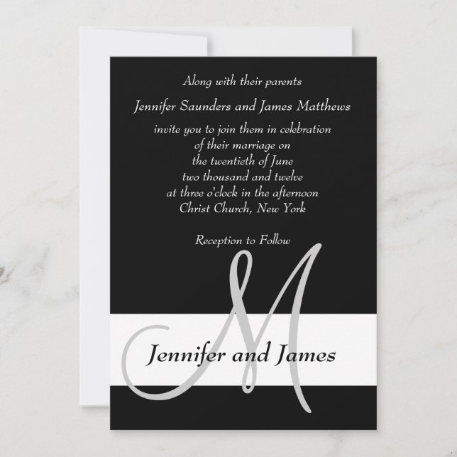 Monogramme de faire-part de mariage noir et blanc (Devant)