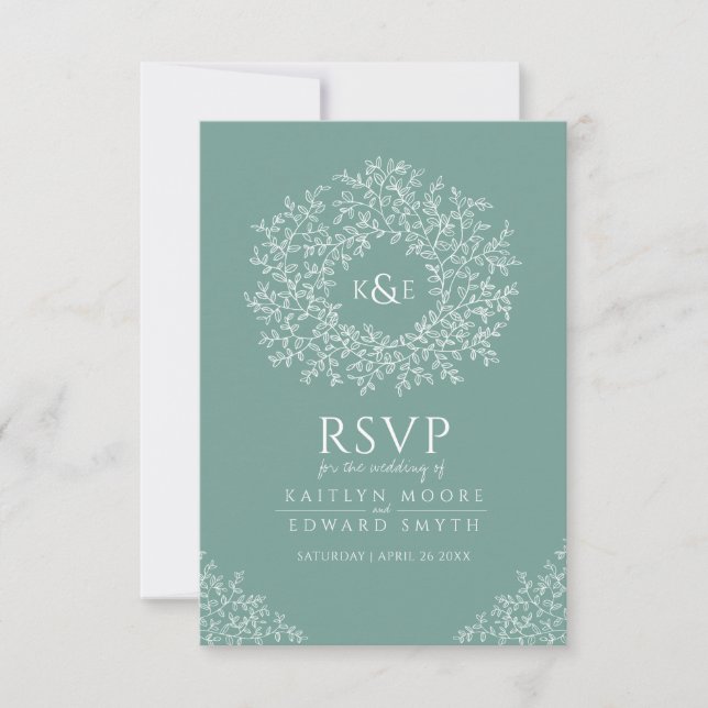 Monogramme de feuille à main verte RSVP mariage (Devant)