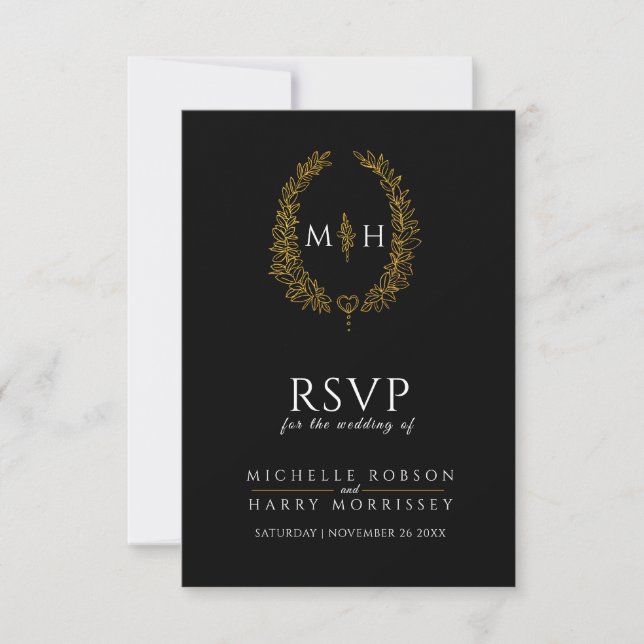 Monogramme de feuille d'or noir RSVP mariage (Devant)