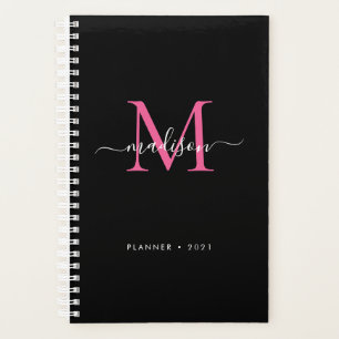 Monogramme de fille rose magenta noire Nom du scri