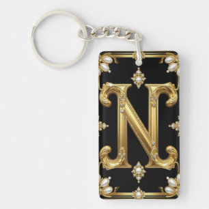 Monogramme de lettre N en or avec diamants et perl