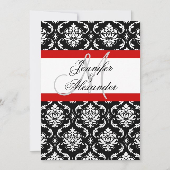 Monogramme de mariage Invitation en damas rouge vu (Devant)