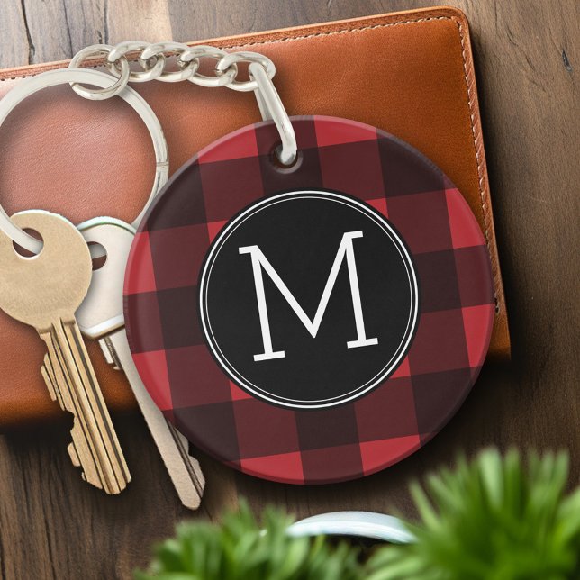 Monogramme de Motif de buffle rouge et noir rustiq (Personalized Keychain - red and black with monogram)