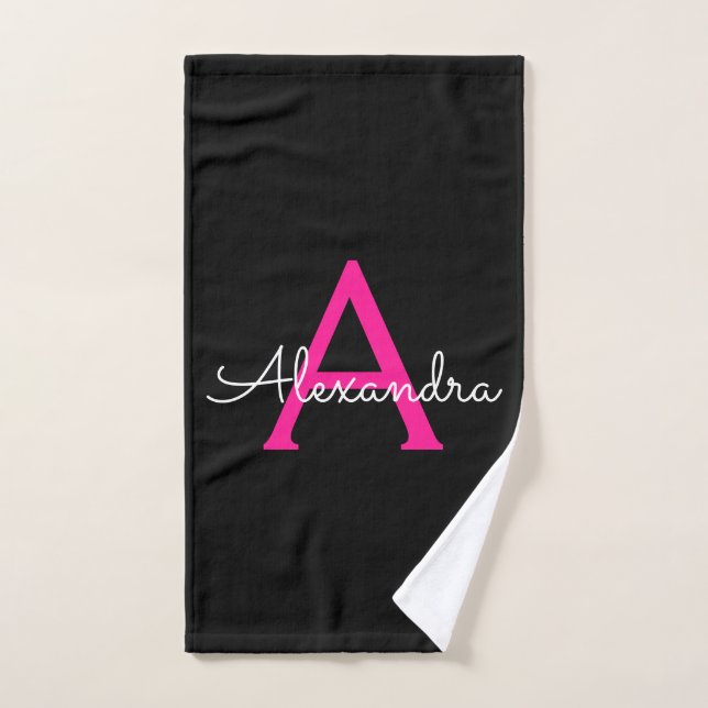 Monogramme de nom de script girly rose chaud noir (Serviette à main)