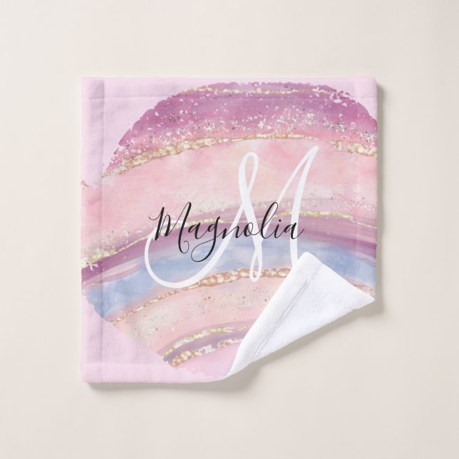Monogramme de pinceau bleu glam or rose (Gant de toilette)