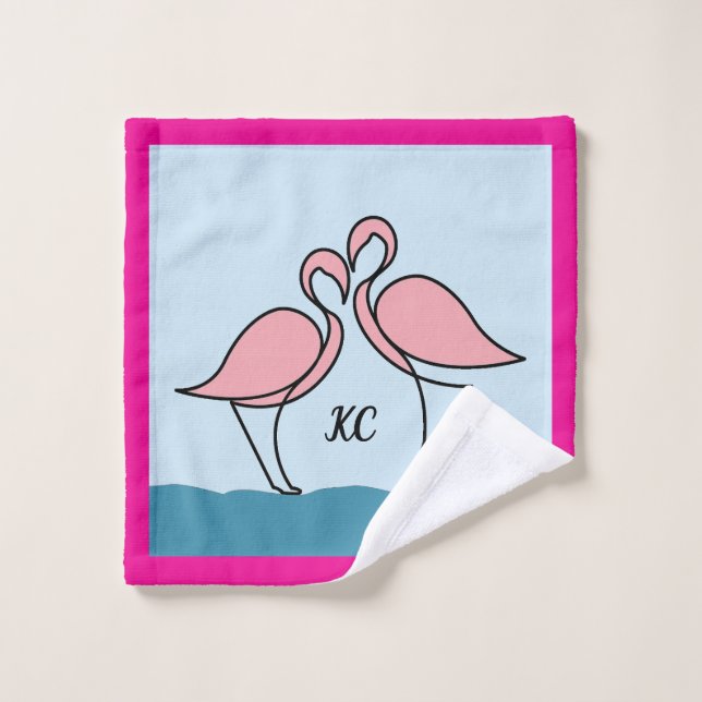 Monogramme Deux Flamants roses roses sur l'eau (Gant de toilette)