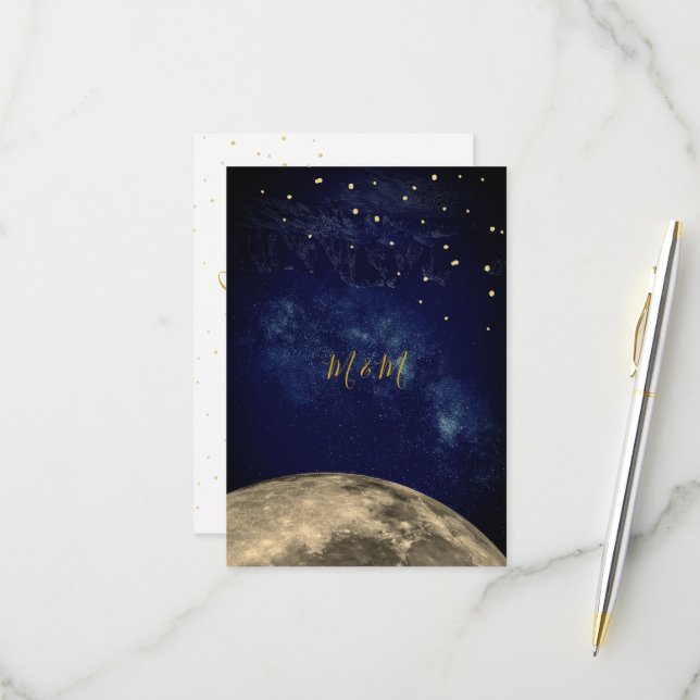 Monogramme d'or bleu lune et nuit ciel RSVP (Devant/Arrière en situation)