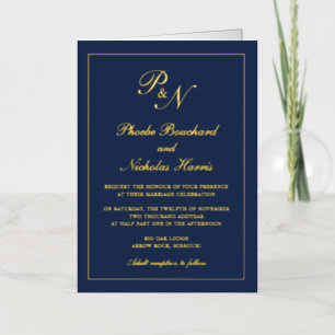 Monogramme d'or bleu marine Faire-part de mariage 