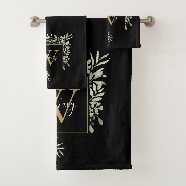 Monogramme d'or noir personnalisé Vert Floral (En situation)