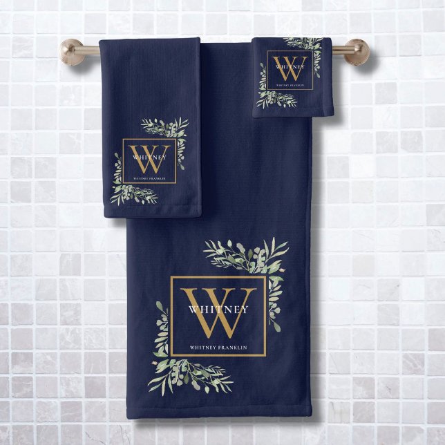 Monogramme doré Nom Verdure Bleu marine (Créateur téléchargé)