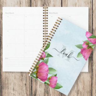 Monogramme Elégant Floral Vintage Pretty Pink Peon