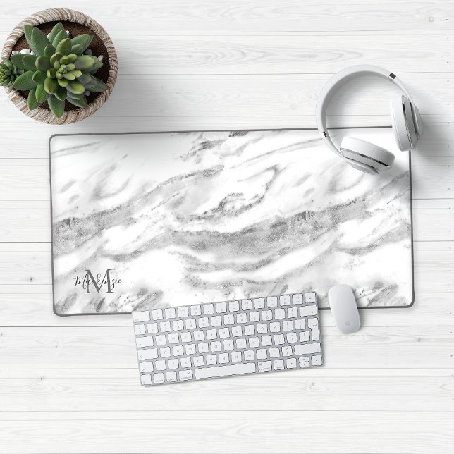 Monogramme en marbre argenté de luxe (Luxury Silver Marble Desk Mat Mouse Pad)