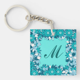 Monogramme encadré de fleurs - bleu et blanc