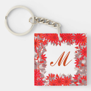 Monogramme encadré de fleurs - rouge et gris
