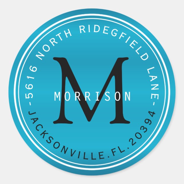 Monogramme Étiquette de adresse en bleu turquoise (Devant)
