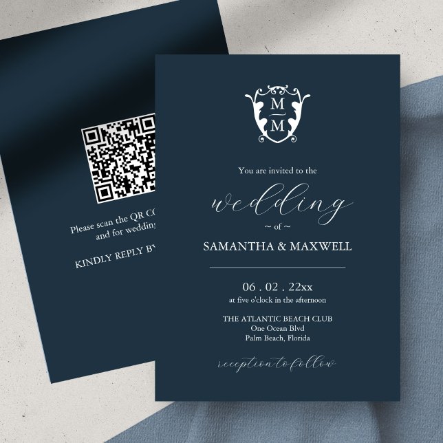 Monogramme Faire-part de mariage avec code QR bleu (custom monogram wedding invitation QR code navy blue)