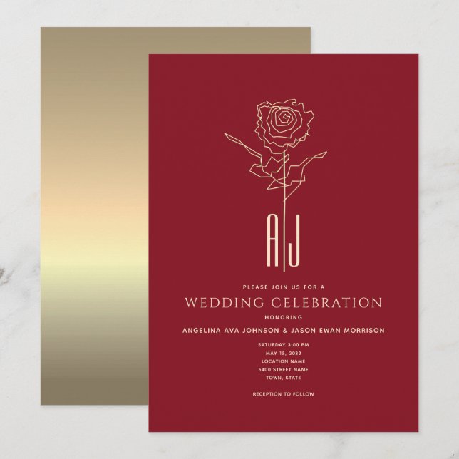 Monogramme Faire-part de mariage rouge et or (Devant / Derrière)