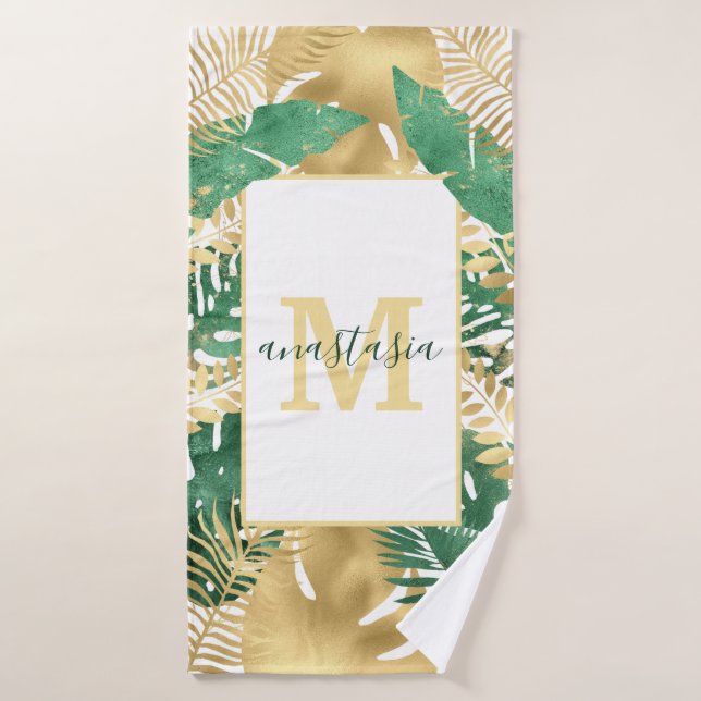 Monogramme Feuille Tropical Vert Or Moderne (Serviette de bain)