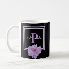 Monogramme Fleur rose Noir Café Mug
