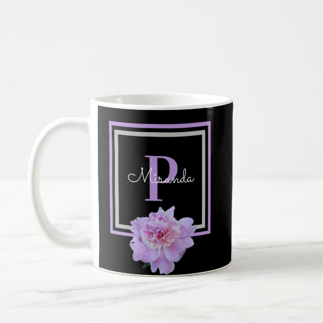 Monogramme Fleur rose Noir Café Mug (Gauche)