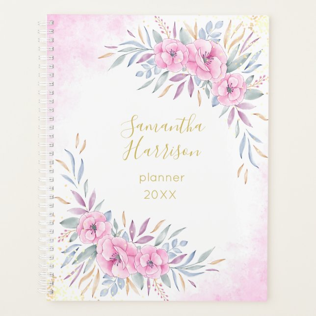 Monogramme Fleurs rose pâle Aquarelle Élégante Gra (Devant)
