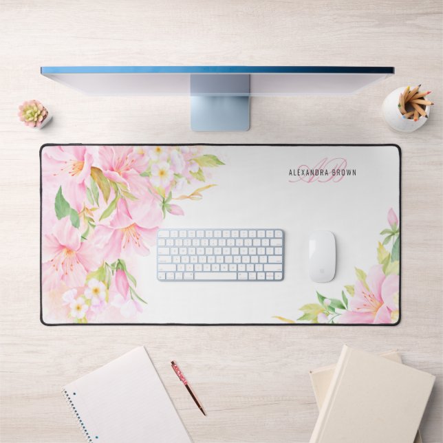 Monogramme Floral Aquarelle Botanique Rose Feminin (Bureau 1)
