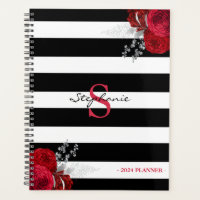 Monogramme floral argent rouge Rayures noires 2024