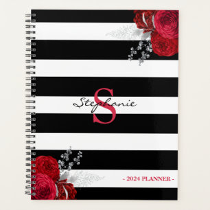Monogramme floral argent rouge Rayures noires 2024