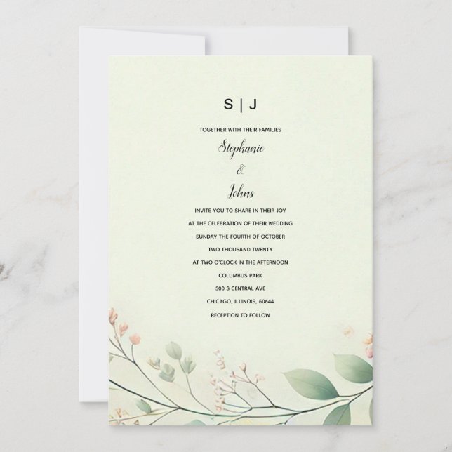 Monogramme Floral Blätter zeigen grüne Beige Hochz Einladung (Vorderseite)