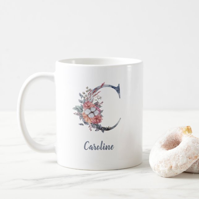 Monogramme floral bleu personnalisé C Café Mug (Avec donut)