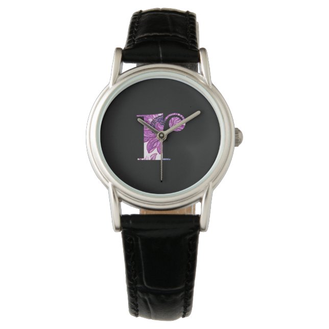 Monogramme Floral bleu violet R Montre (devant)
