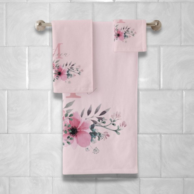 monogramme floral chic couleur rose pâle (chic blush pink watercolor floral monogram bath towel set)