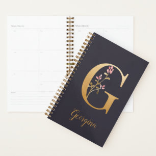 Monogramme floral élégant bleu or personnalisé G