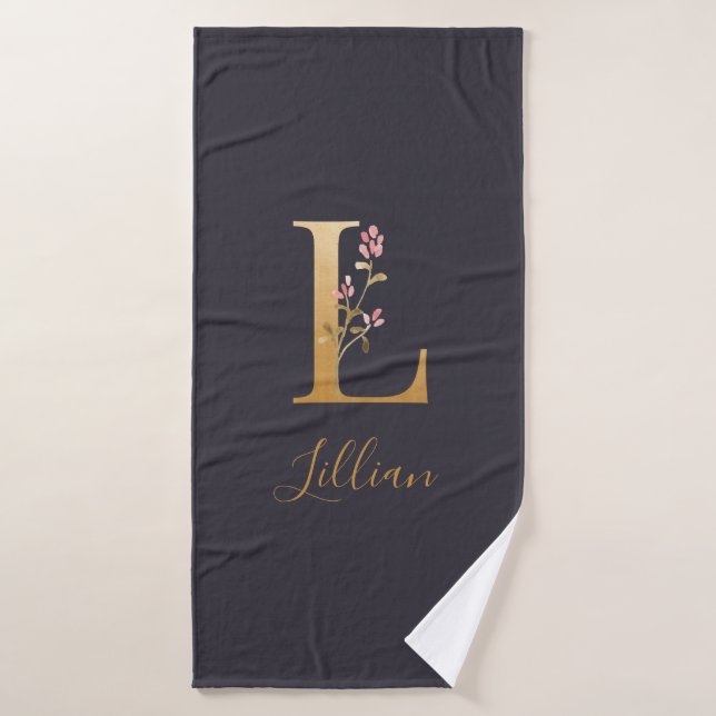 Monogramme floral élégant bleu or personnalisé L  (Serviette de bain)
