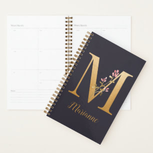 Monogramme floral élégant bleu or personnalisé M