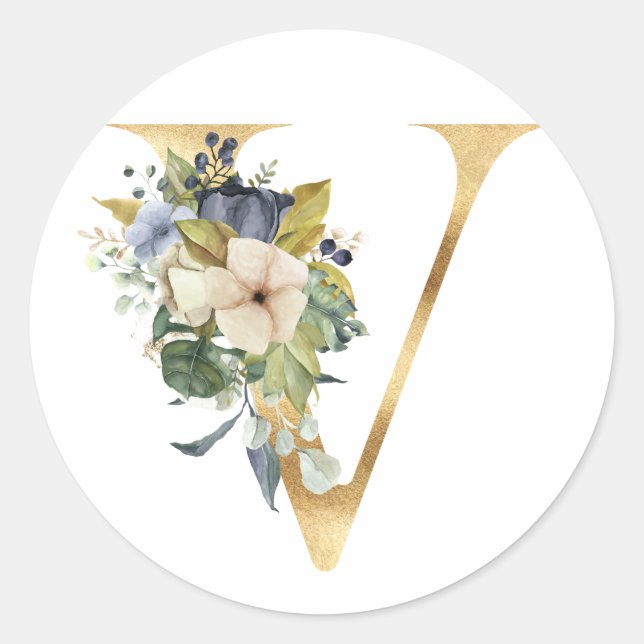 Monogramme floral en or Autocollant rond classique (Devant)