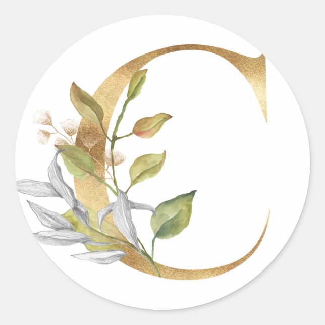 Monogramme floral en or Autocollant rond classique (Devant)