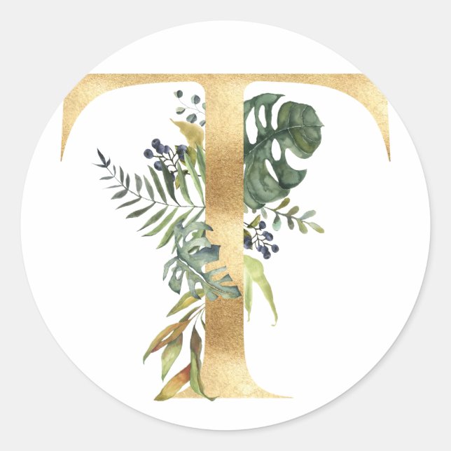 Monogramme floral en or Autocollant rond classique (Devant)