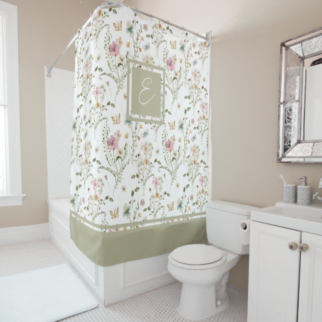 Monogramme floral Fleur sauvage rideau de douche (En situation)