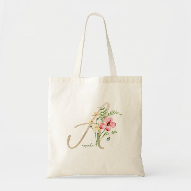 Monogramme Floral Gold Initial A avec nom Sac four (Devant)
