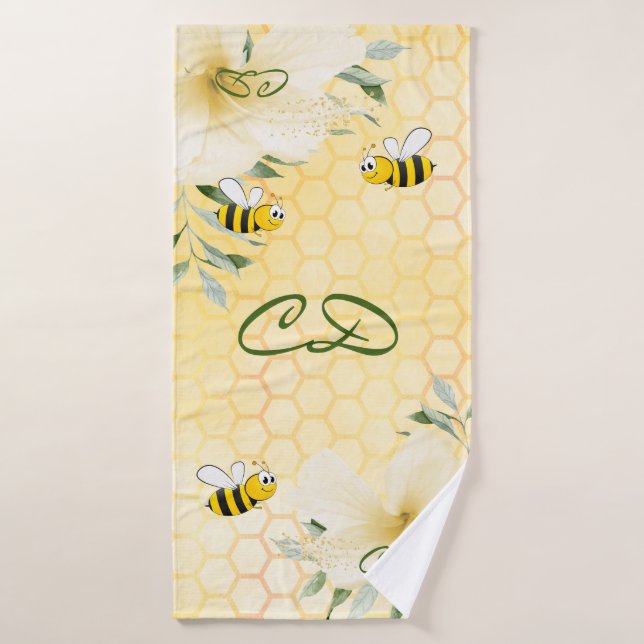monogramme floral jaune nid d'abeille (Serviette de bain)