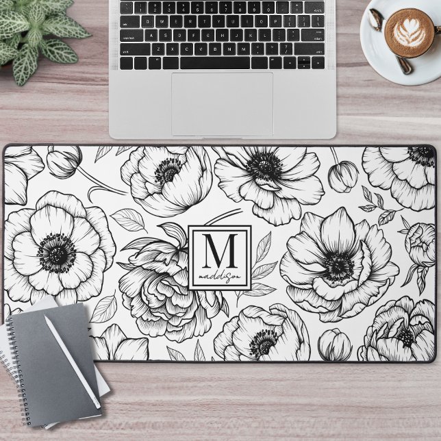 Monogramme floral noir blanc (Black White Floral Monogram Desk Mat )