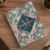 Monogramme floral rose bleu élégant William Morris
