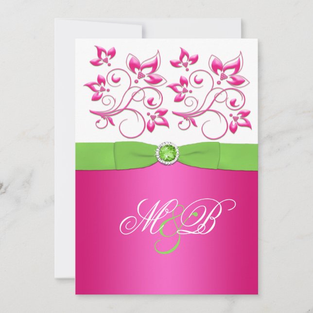 Monogramme floral rose, vert, blanc Invitation (Devant)