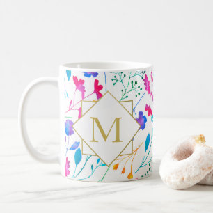 Monogramme Fluro Floral Gras Couleur Mug Blanc