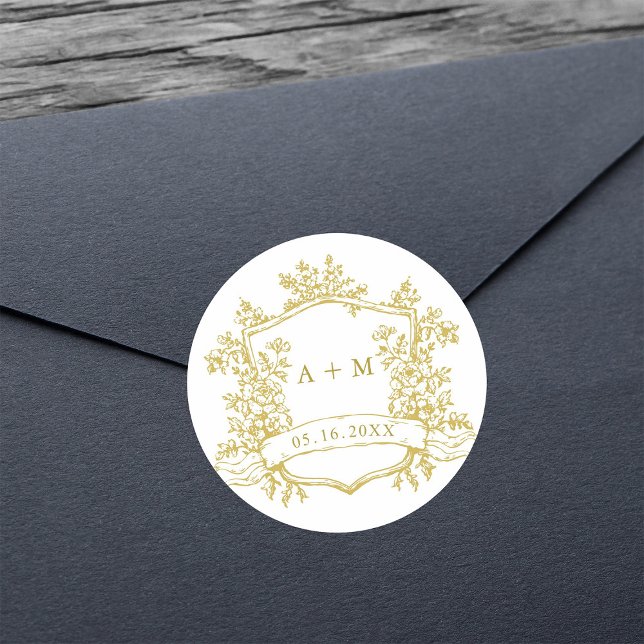 Monogramme für klassisches Gold-Floral-Wappen Runder Aufkleber (Von Creator hochgeladen)