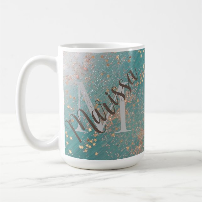 Monogramme Gold Stars sur Mug de café Turquoise (Gauche)