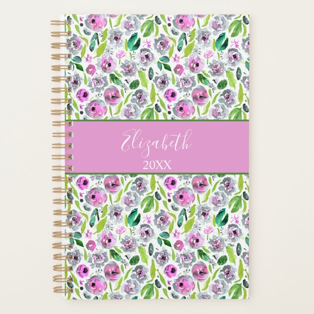 Monogramme Gris rose Vert Boho Aquarelle Florale (Devant)